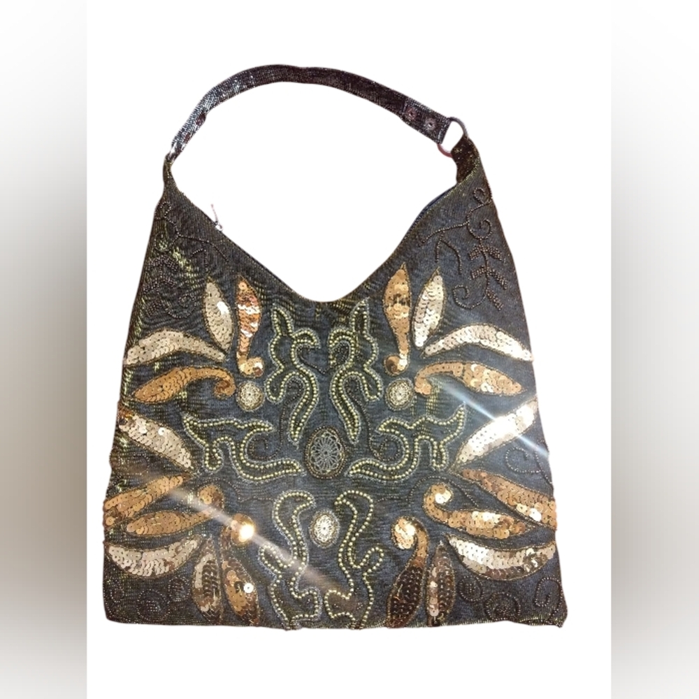 Hobo Fabric Sequin Elegant Black and Gold Embroidered Shoulder Bag